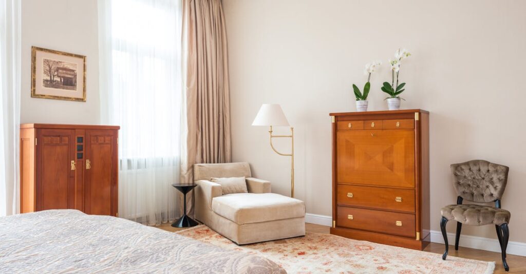 Cozy vintage bedroom showcasing classic furniture with warm tones and natural light.